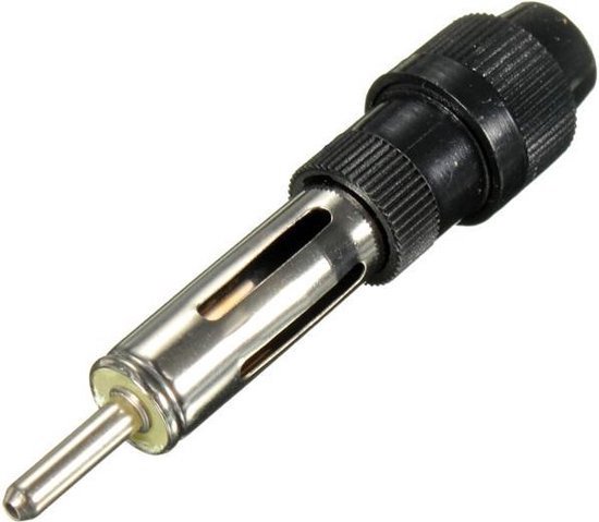 Zilveren antenneplug met zwarte schroefdraadbevestiging.