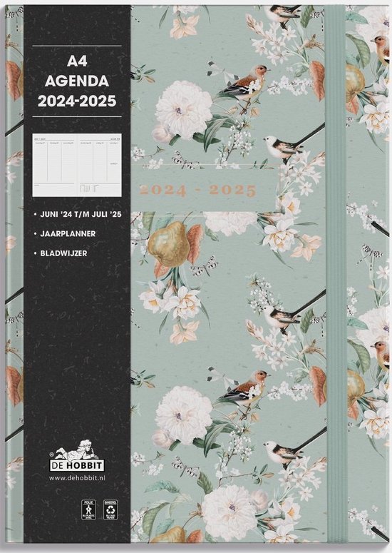 Hobbit - A4 Agenda - 2024-2025 - 1 week op 2 pagina's - A4 (21 x 29,7 cm) - Romantisch bloesem mint