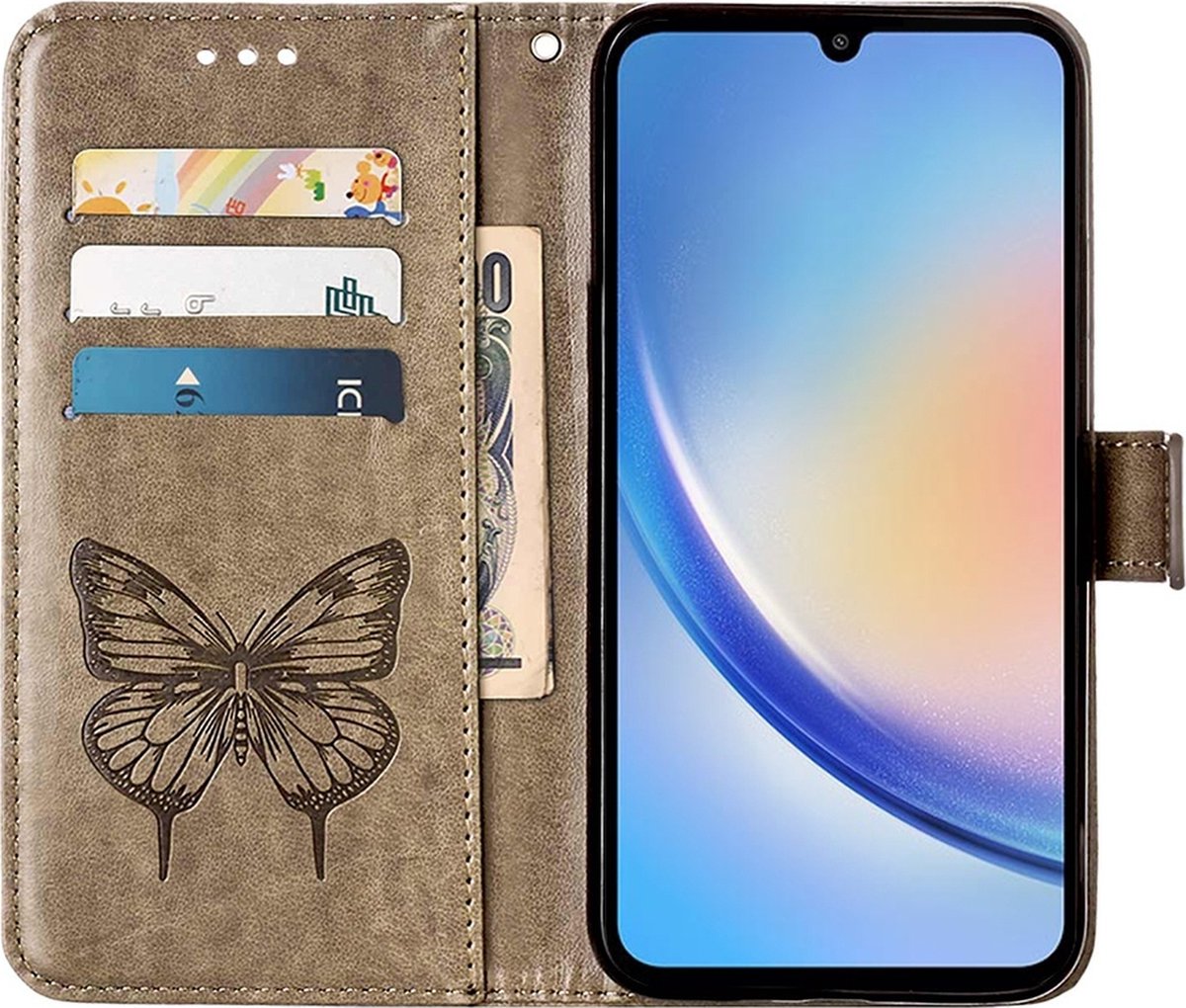 Mobigear Telefoonhoesje geschikt voor Samsung Galaxy A35 Hoesje | Mobigear Butterfly Bookcase Portemonnee | Pasjeshouder voor 3 Pasjes | Telefoonhoesje voor Pinpas / OV Kaart / Rijbewijs - Grijs