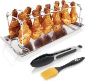 Kippenpotenhouder inclusief lekbakje + BBQ-borstel + braadslede - Hoogwaardige roestvrijstalen kippenhouder voor gelijkmatig gekookte kippenpoten uit de oven of grill