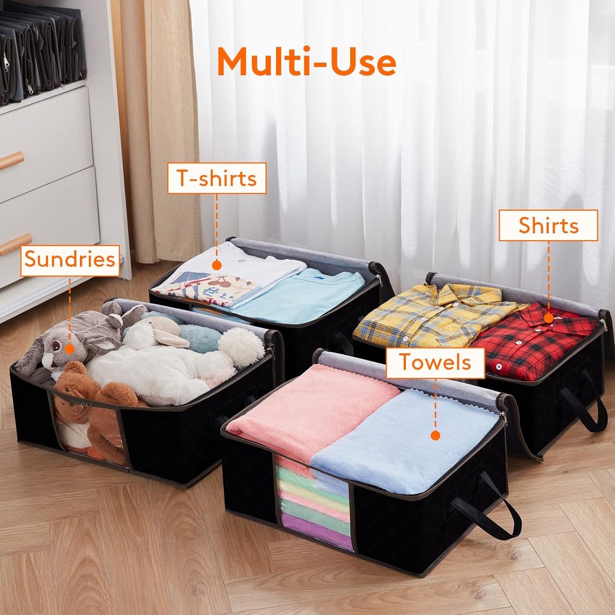 Kledingopbergzak Opvouwbare opslagcontainer Kledingorganizer met versterkte handgreep Robuuste stof, transparant venster voor truien, jassen, T-shirts, dekens, verpakking van 6, 35 L, zwart