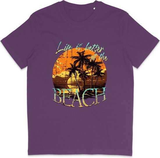 T Shirt Dames Heren - Zomer Print Life is Better At The Beach - Paars - L