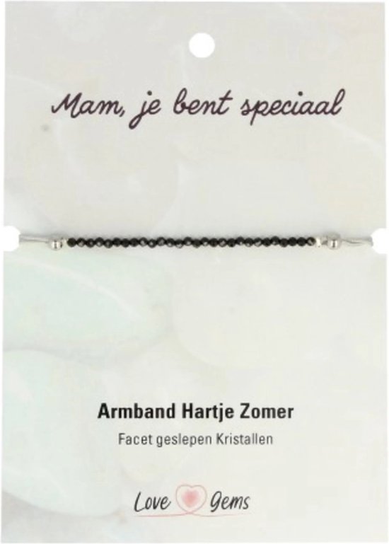 Zwarte facet geslepen kristallen armband 'Armband Hartje Zomer' op kaart met tekst 'Mam, je bent speciaal'.
