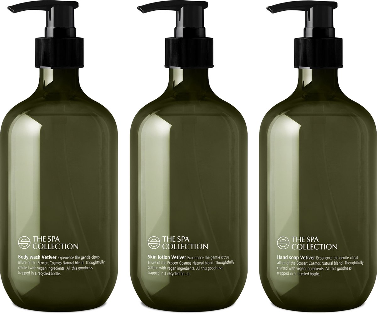 Goedkoopste The Spa Collection Vetiver Ecocert Cosmos Natural - Body Wash Handzeep Body Lotion - 475 ml - Gerecyclede Fles - Set van 3 stuks