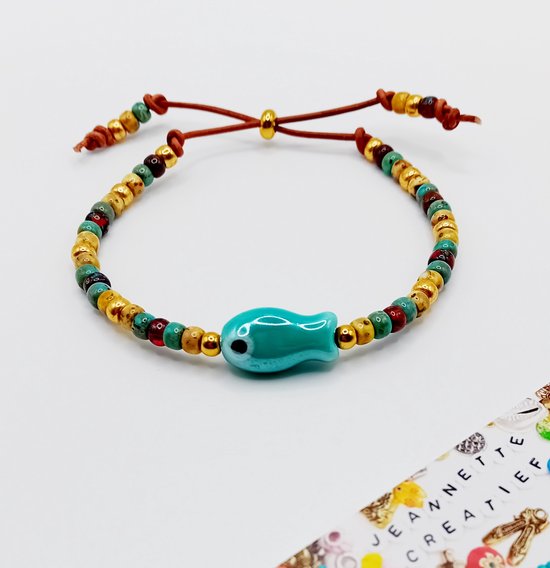 Jeannette-Creatief® - Beach - Miyuki Picasso Leren Armband Stack met Little Turquoise Fish Gold Schuifknoop - Zomers Armbandje met Schuifknoop - Dames Armband - Armband - Ibizachic