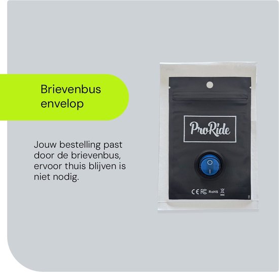 ProRide wipschakelaar verpakt in een doorzichtige zak met de tekst 'ProRide' en een blauwe schakelaar.
