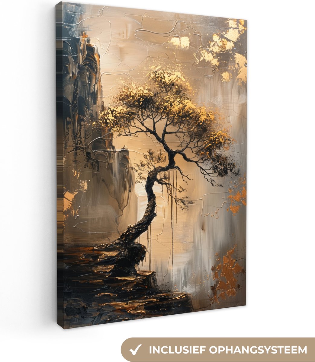 Canvas schilderij 40x60 cm - Wanddecoratie Boom - Goud - Landschap - Verf - Muurdecoratie woonkamer - Kamer decoratie modern - Abstracte schilderijen