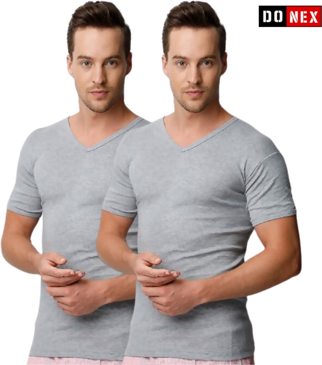 DONEX® Heren T-shirt V-Hals – 2 Stuks – Grijs – 100% Katoen – Slim Fit - Maat L