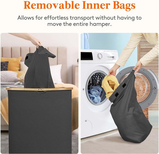 Panier à Linge 150L Avec 3 Compartiments - Pliable, Sacs Amovibles, Bambou, Gris
