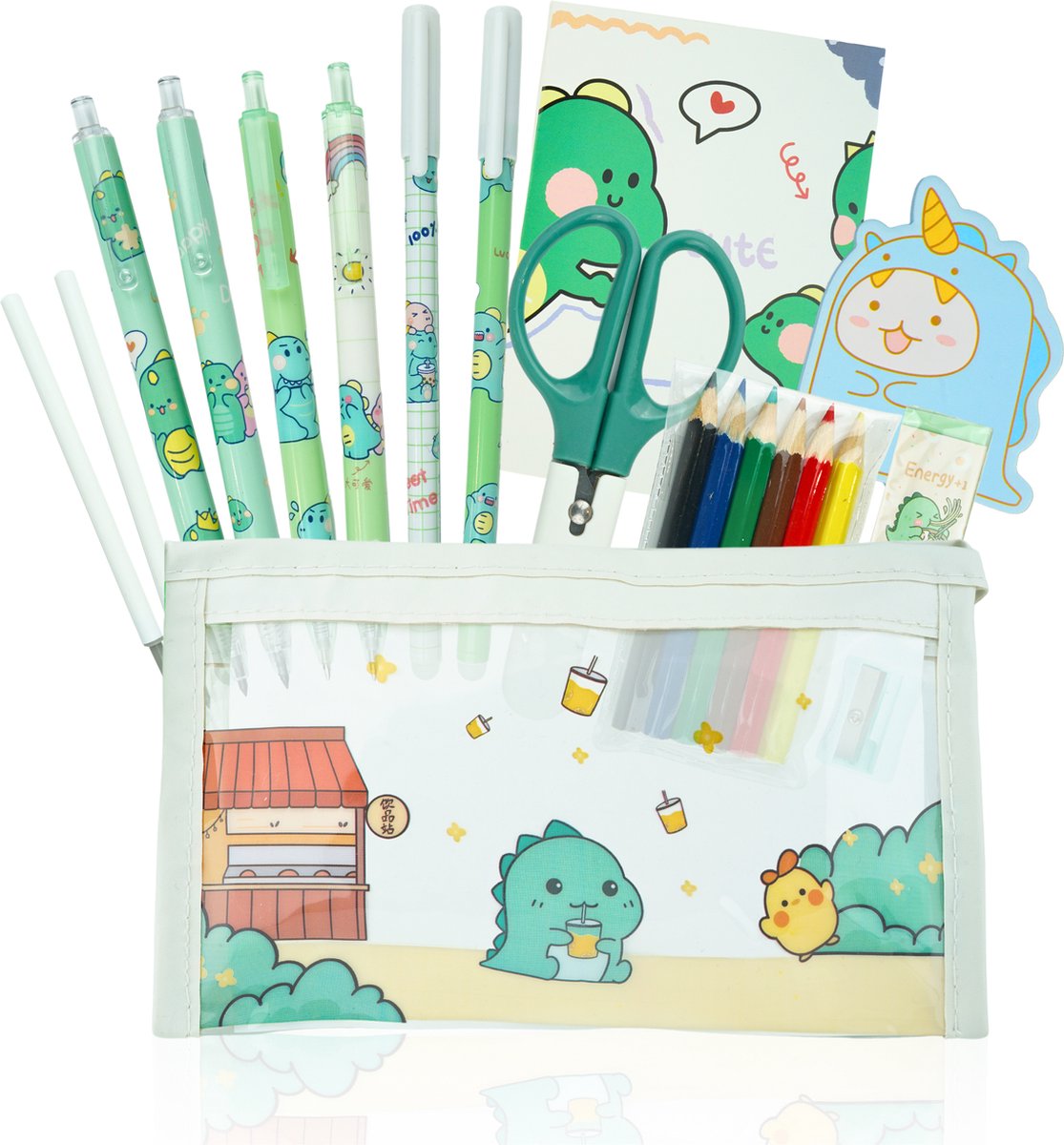 Ainy Dino 19-delig Schrijfset - etui gevuld met uitwisbare pen , duurzaam potloden, gum, liniaal, puntenslijper, schaar, schrift, pennen en meer - pennenzak set geschikt voor meisjes en jongens - kawaii middelbare schoolspullen