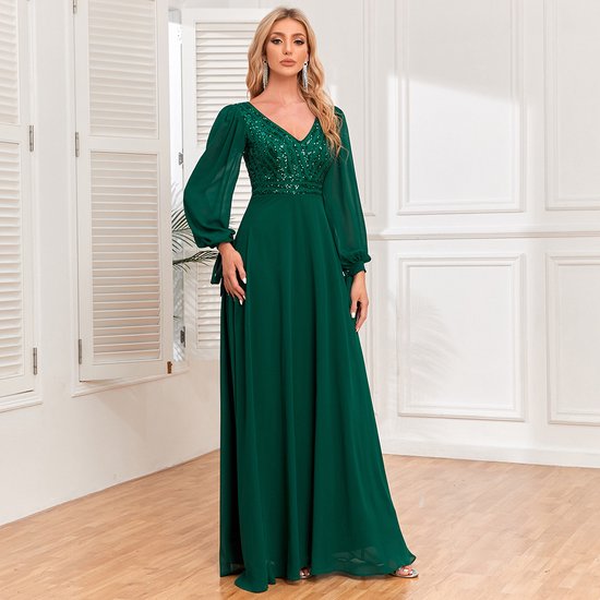 Robe à manches longues en mousseline de soie avec robe de soirée à col en V