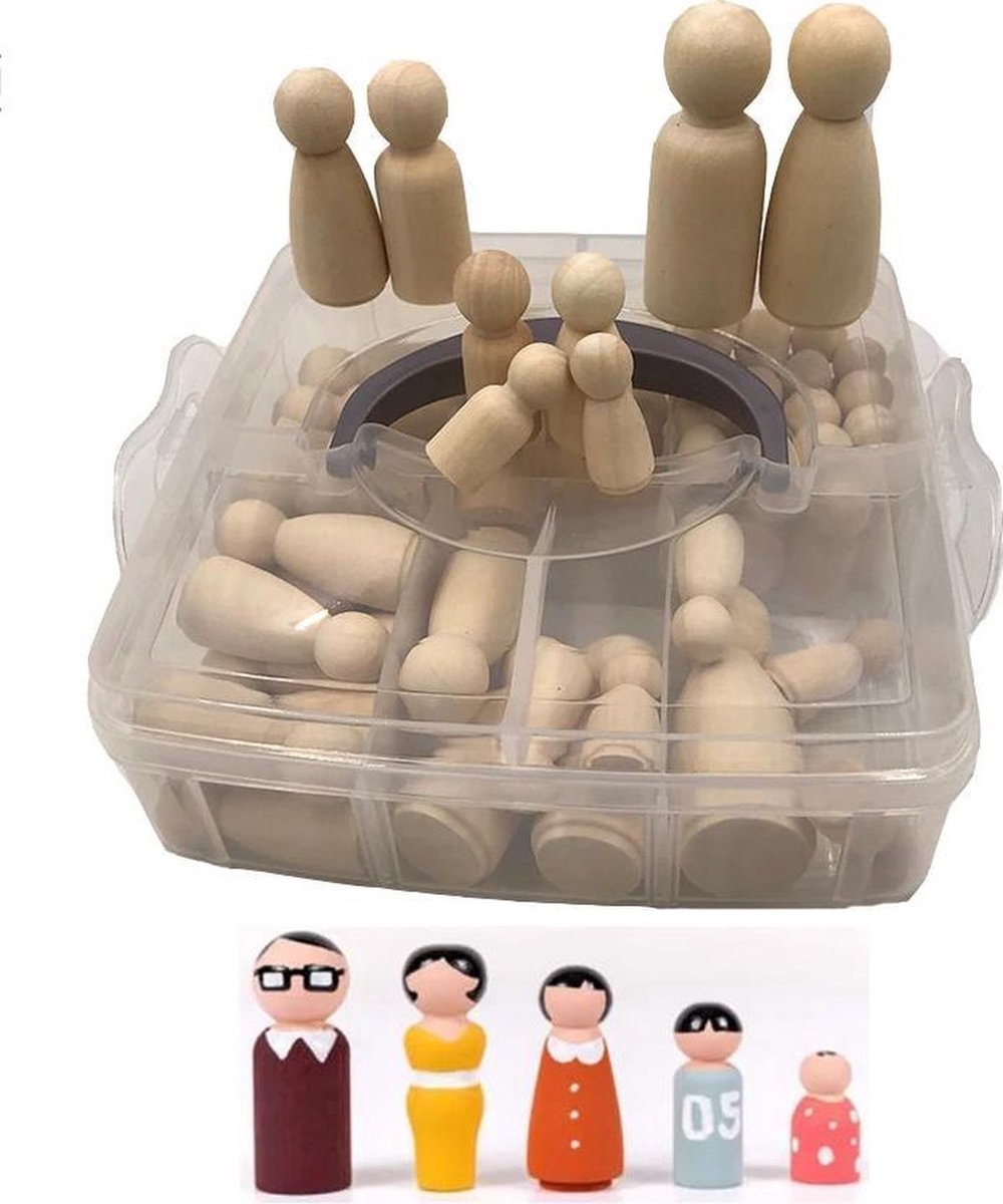 Peg dolls - 50 Stuks - Blanco - Houten Pion - Diverse Maten Poppetjes - Zelf Poppetje Maken - Houten Poppetjes - Opberg Box met Handvat op Prijzenvolger.com