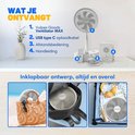 Wat je ontvangt: Witte ventilator, USB C kabel, afstandsbediening, handleiding. Inklapbaar ontwerp voor overal mee naartoe.