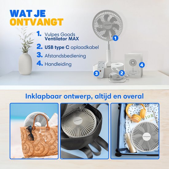 Wat je ontvangt: Witte ventilator, USB C kabel, afstandsbediening, handleiding. Inklapbaar ontwerp voor overal mee naartoe.