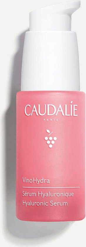 Roze Caudalie flesje met witte pompdispenser. Bevat VinoHydra Hyaluronic Serum.
