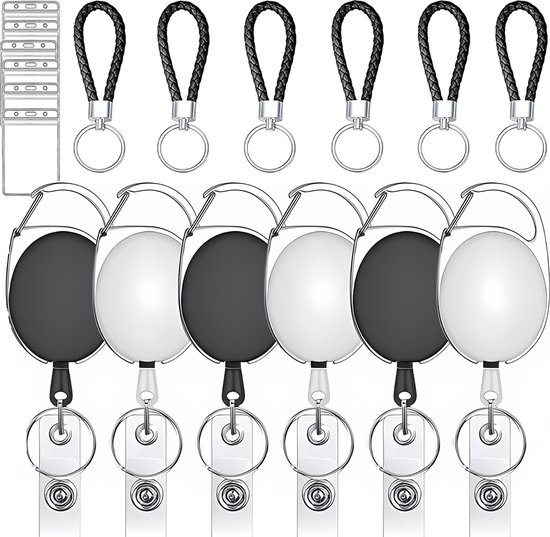 6 Stuks Uittrekbare Sleutelhanger met Lanyard & Karabijnsluiting - Badgehouder met Clip & 68cm Trekkoord - Intrekbare Karabijnhaak Sleutelkoord - Afrolmechanisme voor Badges/Sleutels - ID Jojo Koord Pasjeshouder - Keycord\Keykoord - Zwart en Wit