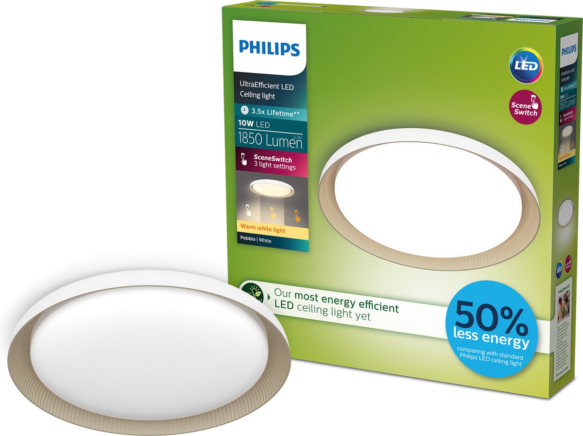 Philips Pebblo plafondlamp - Ultra Efficient - SceneSwitch lichttechnologie - 10W - Warmwi