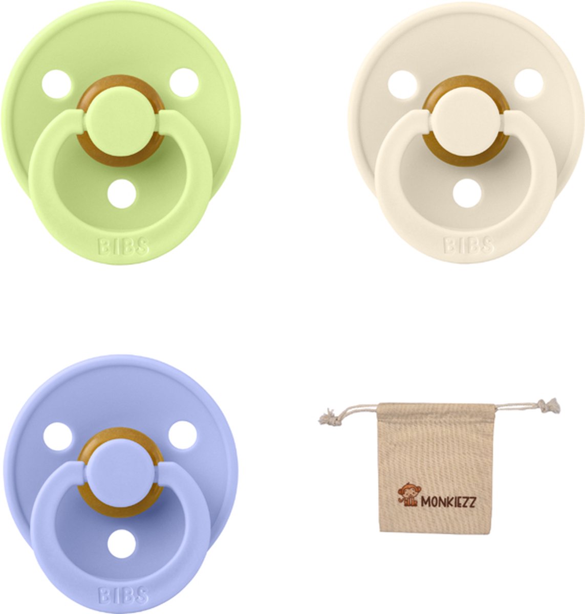 Goedkoopste Bibs fopspeen - maat 1 0-6 maanden - 3 stuks – Hush – Macha – Ivory Monkiezz speenzakje