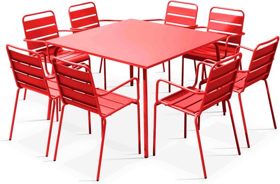 Oviala - Set table de jardin carrée et 8 chaises rouges - Palavas