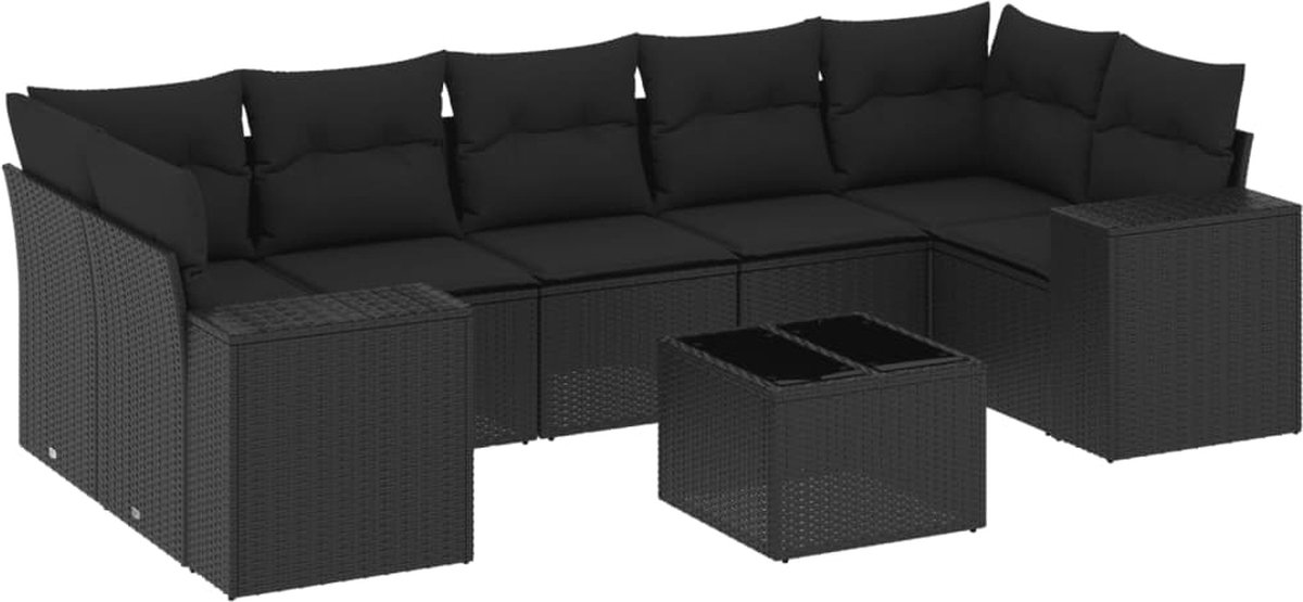 vidaXL 8-delige - Loungeset - met - kussens - poly - rattan - zwart