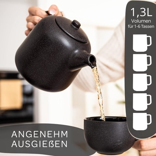 STEINZEIT Design Theepot Met Warmhouder  1,3L  - Theepot Met Filter Van Roestvrij Staal 304 Theekan Met Kaarswarmer Keramiek Met Uniek Glazuur Met Uitneembare Zeef Zwart