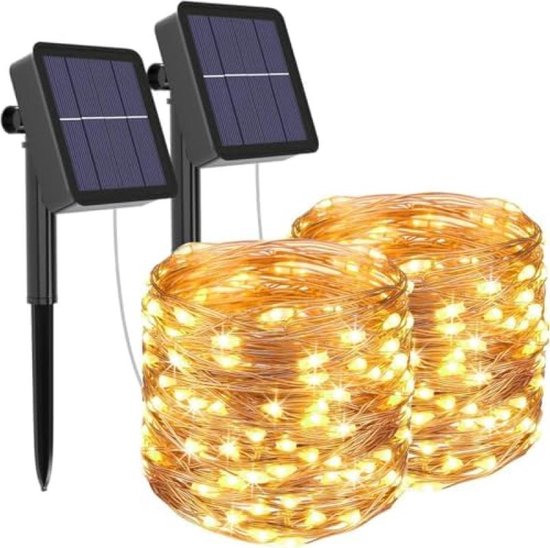 [Lot de 2] Guirlande lumineuse Solar Plein air, 12 m, 120 LED , éclairage de Garden , 8 modes, fil de cuivre étanche, String lumineuse Solar décorative pour Garden, patio, portail, mariage, fête ( White chaud)