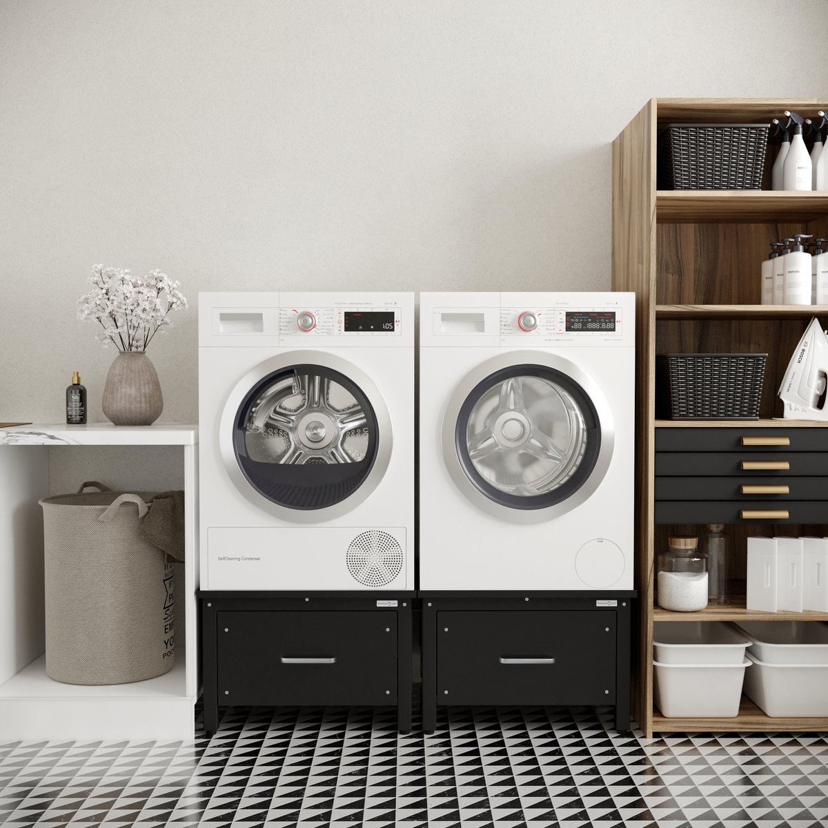 Wasophoogte® Wasmachine verhoger met lade - Wasmachine opbouwmeubel - Wasmachine sokkel - 42cm hoog - Zwart - Universeel - Dubbel - Inclusief Lekbak thumbnail 4