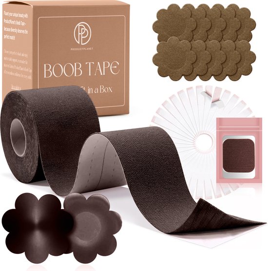 ProductPlanet® Premium Boob Tape Inclusief 20 Nipple Covers & 4 Siliconen Nipple Covers - 36 Dubbelzijdige Kleding Plakkers & Testkit - Cup A Tot F - Borst Tape - Plak Bh - BoobTape - Bruin