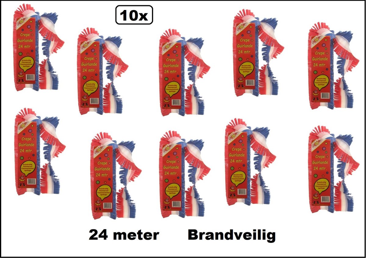 10 stuks Crepe guirlande brandveilig bedrukt rood/wit/blauw 24meter - BRANDVEILIG - Thema feest EK Voetbal Holland evenement