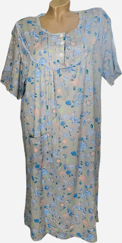 Dames nachthemd korte mouwen 6535 bloemenprint XXXL grijs/blauw