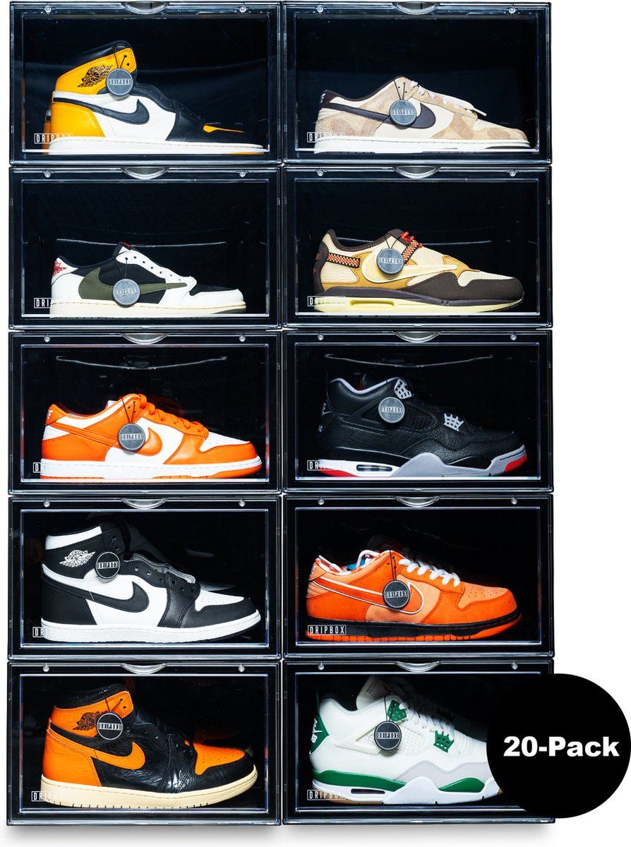 Dripbox - Sneakerbox 20-pack Zwart | Sneaker Crate Zwart | Sneaker Box | Schoenenopberger | Sneakerbox | Schoenenkast | Sneaker opbergsysteem | Sneakercrate | Met magnetische sluiting | Doorzichtig | Black