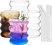 Geribbelde drinkglazen met glazen rietjes, 4-delige set, Wave Tumbler, bierglazen, voor cocktail, melk, water, frisdrank, cadeau met borstel