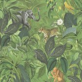Natuur behang Profhome 387241-GU vliesbehang hardvinyl warmdruk in reliëf glad met dieren patroon mat groen bruin geel grijs 5,33 m2
