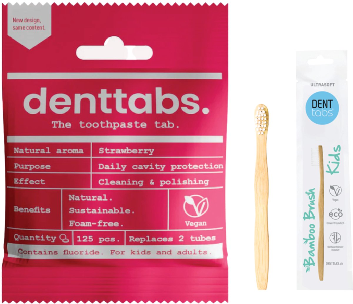 Denttabs Kids Strawberry - Fluoride - Extra Zacht - Tandenborstel voor Kinderen - Milieuvriendelijke Tandverzorging