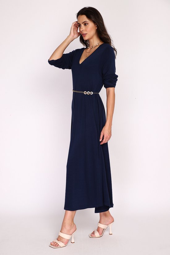Maxi katoen jurk met V-hals - Navy blauw - One size