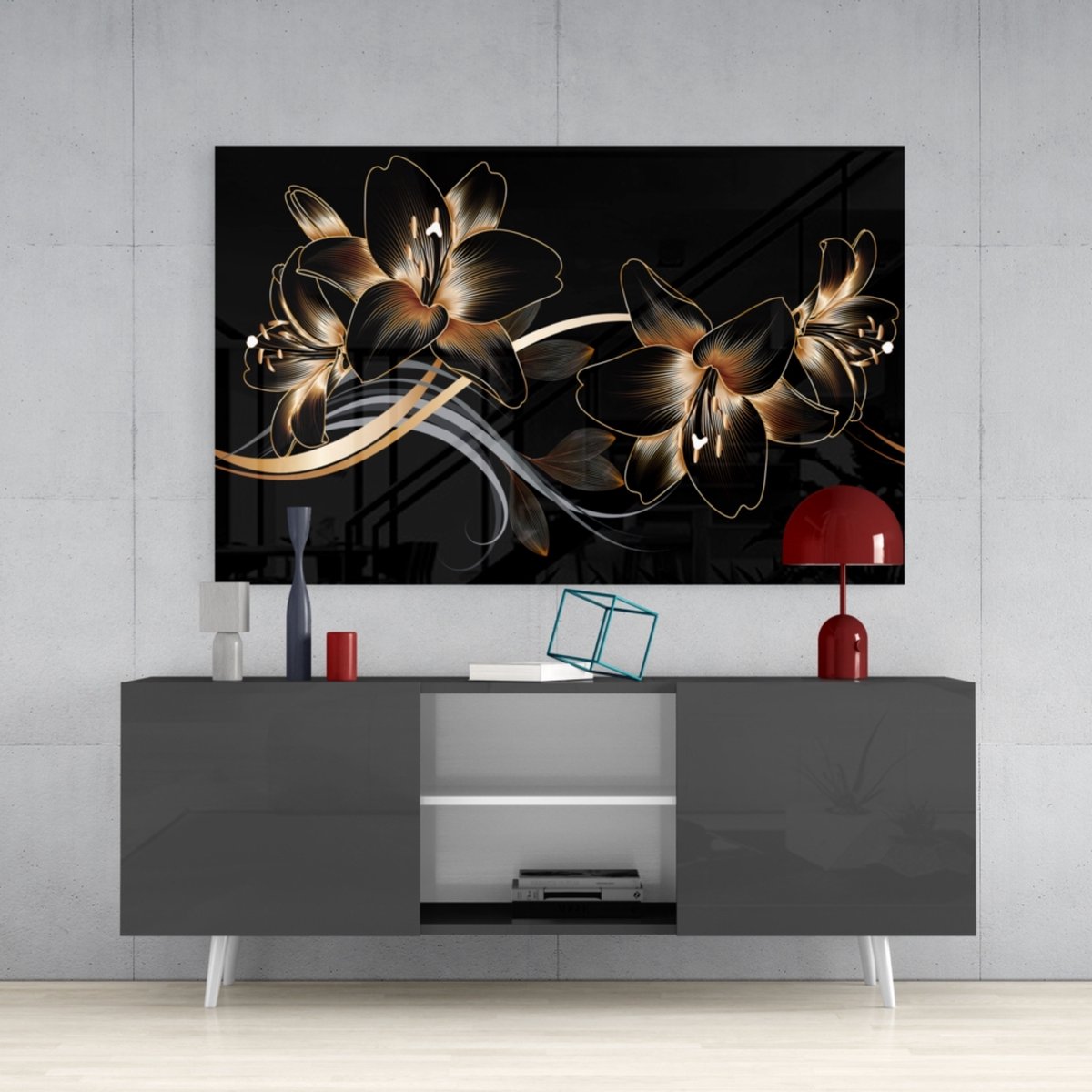 Insigne Art Glasschilderij Bloemen - Gouden Orchidee - Bloem - Modern - Wanddecoratie - 72x46 Zwart