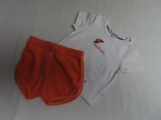 Ensemble - Meisje - Witte t shirt met blauw en oranje en orange eponge shortje - 3 maand 62