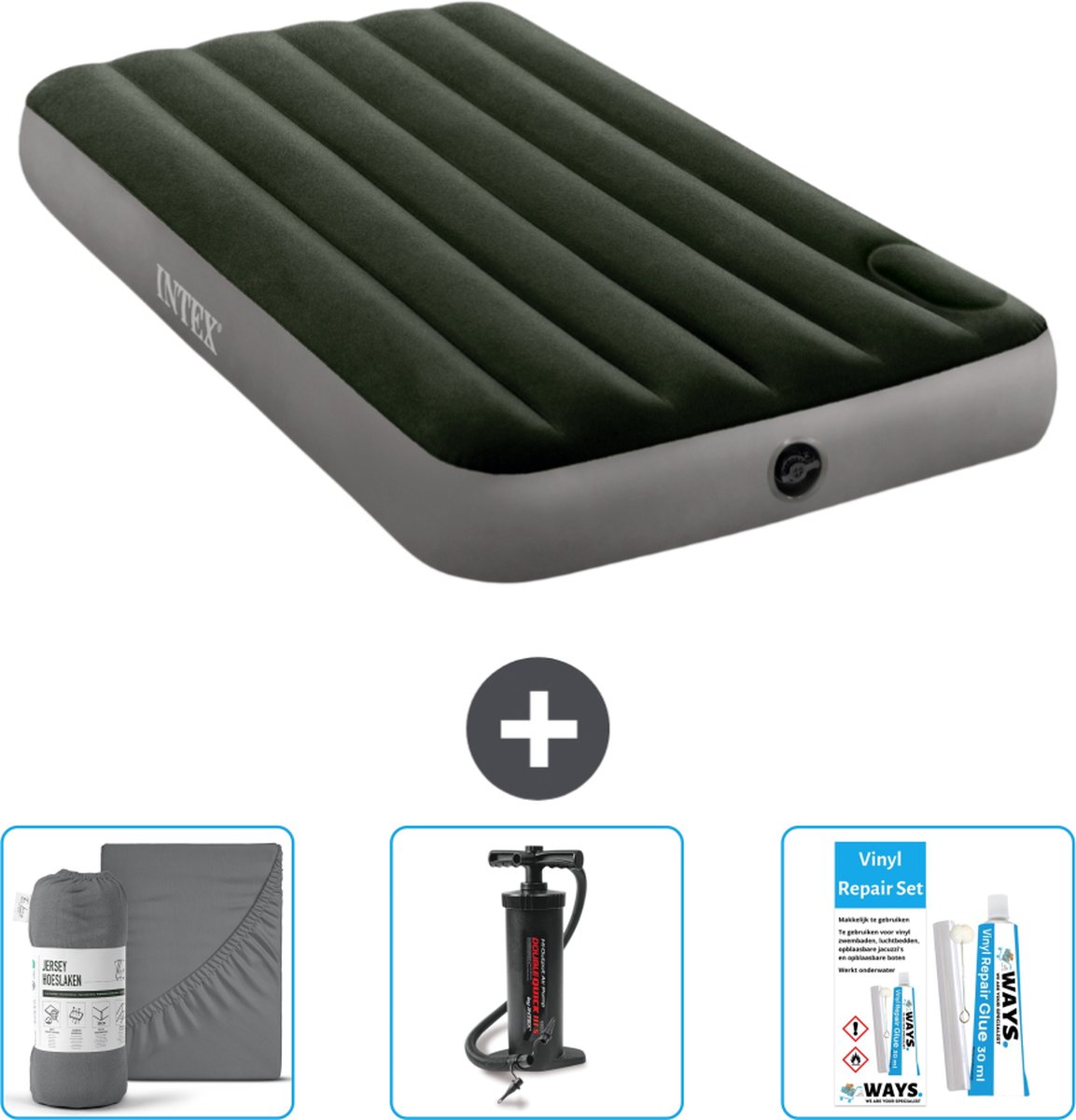 Intex Luchtbed - 1-Persoons - 99 x 191 x 25 cm - Groen - Hoeslaken - Pomp en Reparatieset