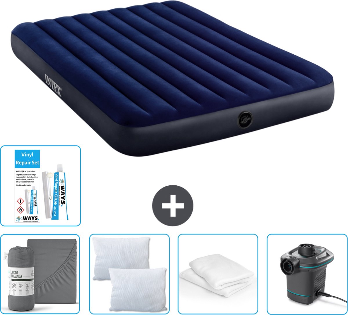 Intex Luchtbed - 2-Persoons - 152 x 203 x 25 cm cm - Blauw - Inclusief Hoeslaken - Kussen - Pomp - Reparatieset en Kussenbeschermer