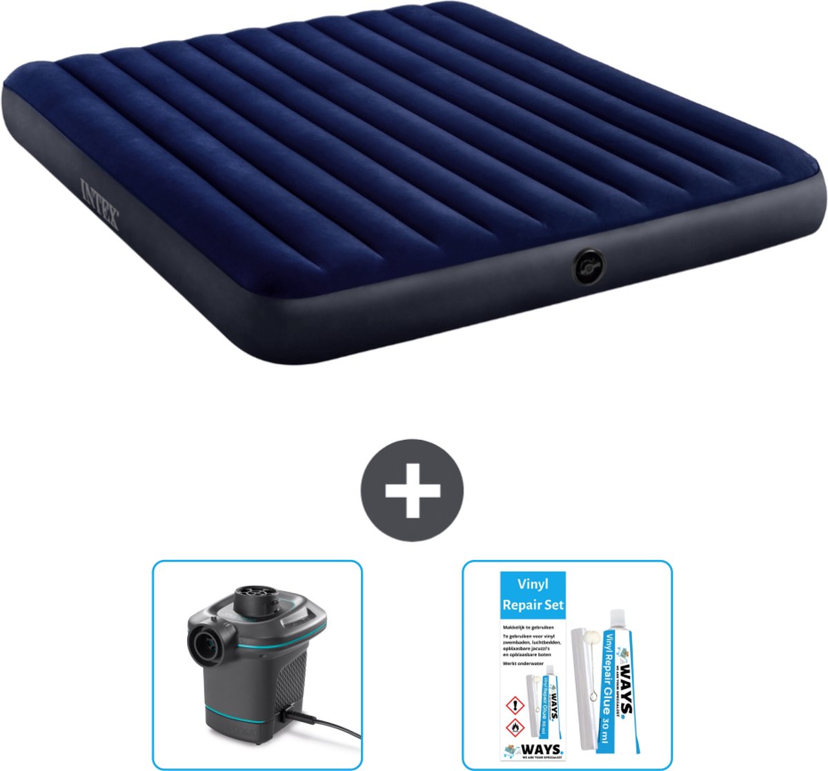 Intex Luchtbed - 2-Persoons - 183 x 203 x 25 cm - Blauw - Inclusief Pomp en Reparatieset
