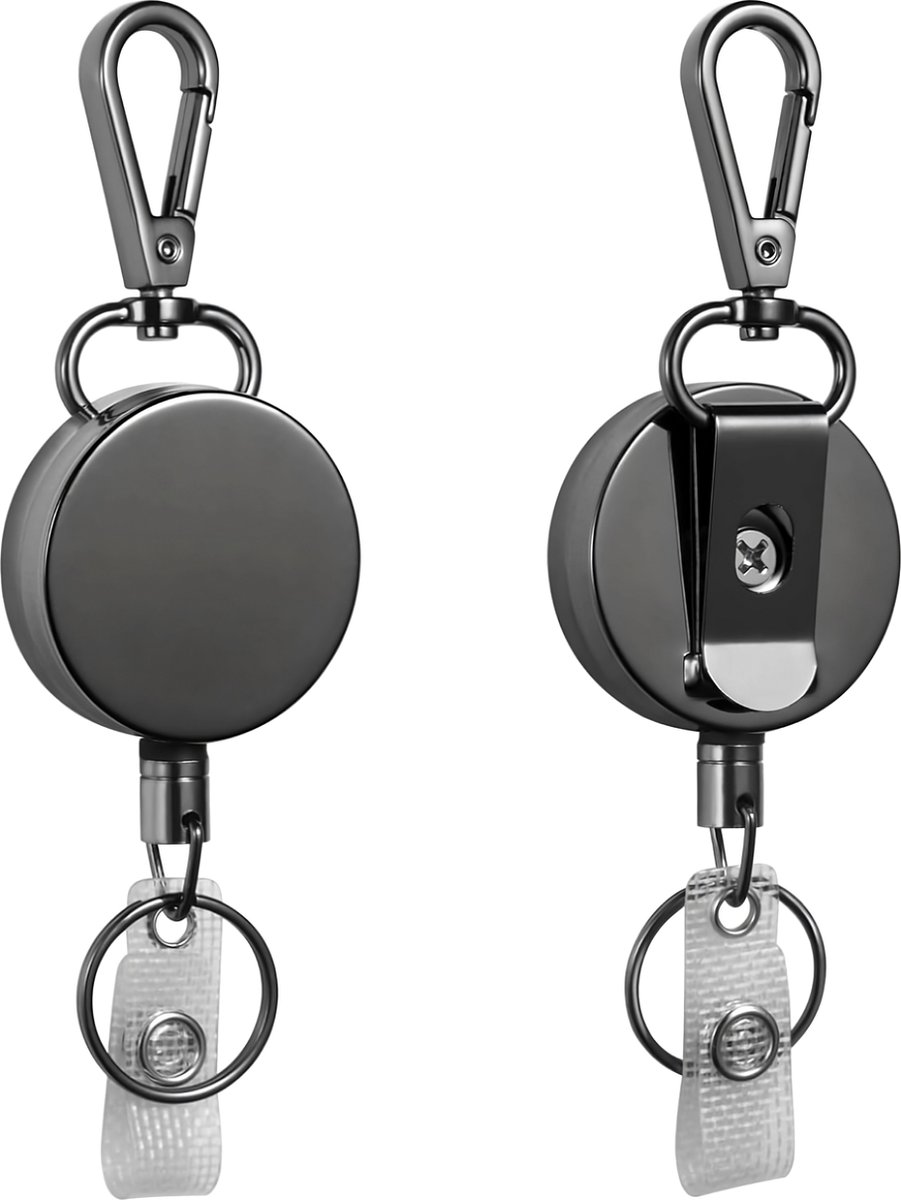 2-Delig Set Uittrekbare Sleutelhanger met Lanyard en Karabijnsluiting - Badgehouder met Clip en 63cm koord - Intrekbare Broekclip Karabijnhaak Sleutelkoord - Afrolmechanisme voor Badges en Sleutels - ID Jojo Pasjeshouder Keycord\Keykoord - Zwart