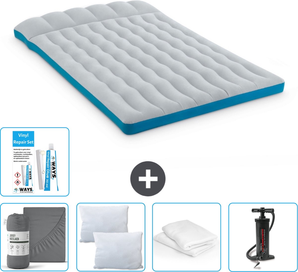 Intex Campingmat - 2-Persoons - 127 x 193 x 24 cm - Blauw - Inclusief Hoeslaken - Kussen - Pomp - Reparatieset en Kussenbeschermer