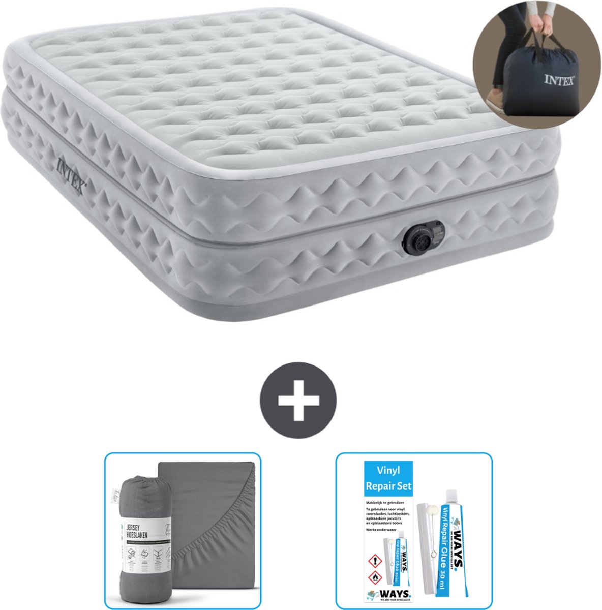 Intex Luchtbed - 2-Persoons - 152 x 203 x 51 cm - Grijs - Inclusief pomp - Hoeslaken en Reparatieset