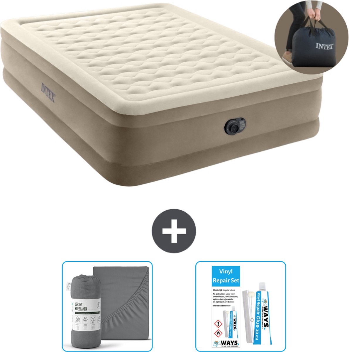 Intex Luchtbed - 2-Persoons - 152 x 203 x 46 cm - Beige - Inclusief pomp - Hoeslaken en Reparatieset