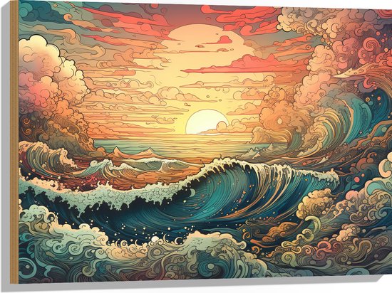 Hout - Schilderij - Oceaan - Zee - Golven - Zonsondergang - Wolken - Kleuren - 80x60 cm - 9 mm dik - Foto op Hout (Met Ophangsysteem)