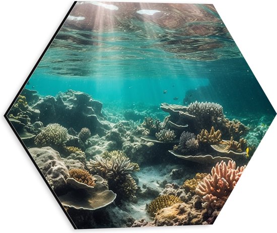 Dibond Hexagon - Onderwater - Zee - Water - Koraal - Dieren - Kleuren - Zand - 30x26.1 cm Foto op Hexagon (Met Ophangsysteem)