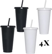 Drinkbeker - 4 stuks to go drinkfles - Starbucks drinkbeker look a like - Drinkfles met deksel en rietje - 710ML - Zwart - Wit