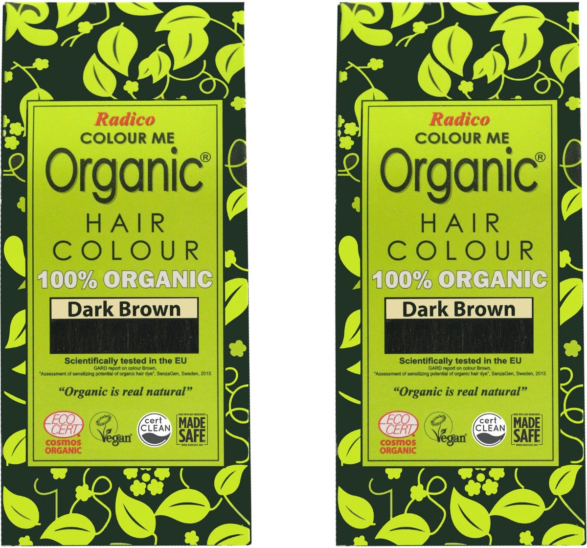 2 x Radico COLOUR ME ORGANIC Dark Brown / Donkerbruin 100% Natuurlijke BIO ORGANIC 9-Kruiden Henna Haarverf Zonder Ammoniak PPD PTD met ECOCERT, HALAL, VEGAN Set 2 200g