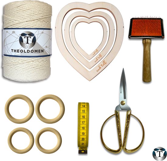 Macramé Pakket | 200 METER | Macramé Veer | Beige | Incl. Handleiding | Starter Set | Macramé Touw | Kam | Schaar | Houten Ringen | Meetlint | Snijmallen | DIY | Doe Het Zelf | Veer | Veren | Decoratie | TheOldOmen |