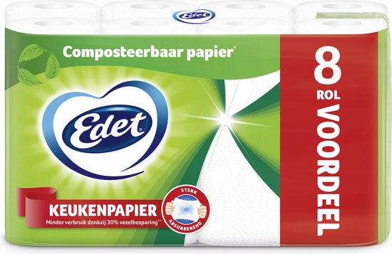 Edet composteerbaar keukenpapier 8 rollen voordeelpak. Sterk absorberend.